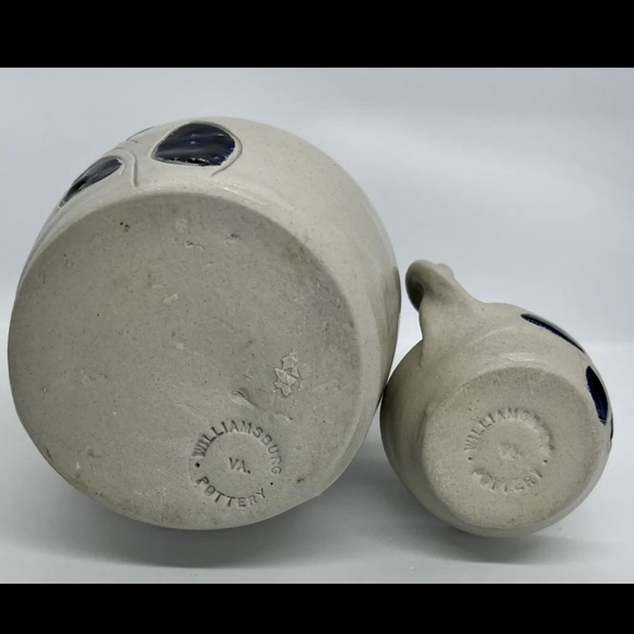 Williamsburg Pottery Salt Glaze Cobalt Blue Leaf Pitcher and Candleholder - Picture 2 of 3